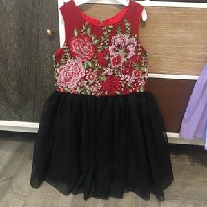 Glam black tulle dress w red floral top